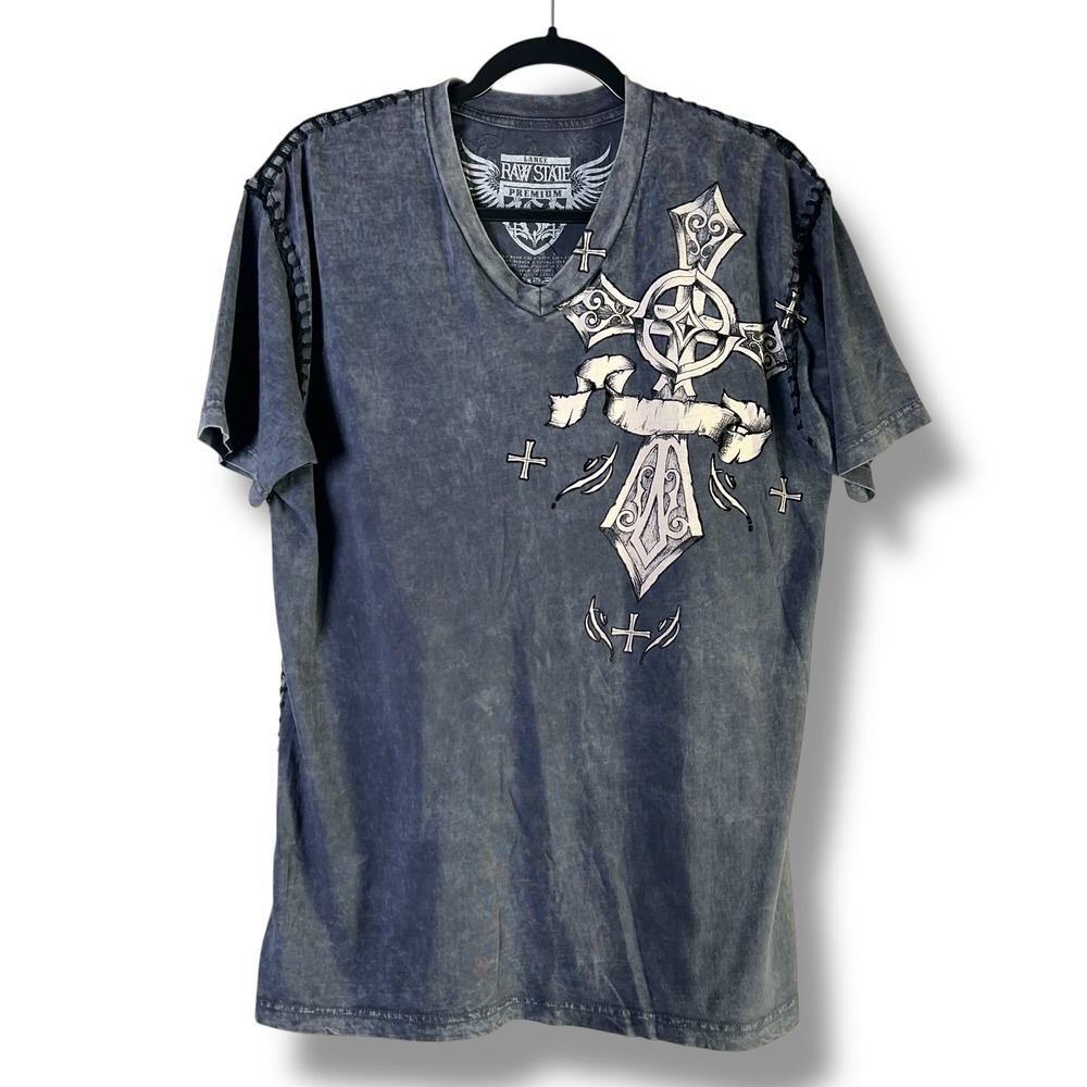 Raw State Premium Mens Sz Large Royalty Graphic‎ T-Shirt V-Neck Y2K Cross Wings